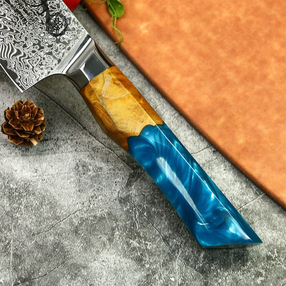 Damast Chefmesser colored Line mit Olivenholz und blauem Epoxidharz Griff, 20 cm elegante Klinge.